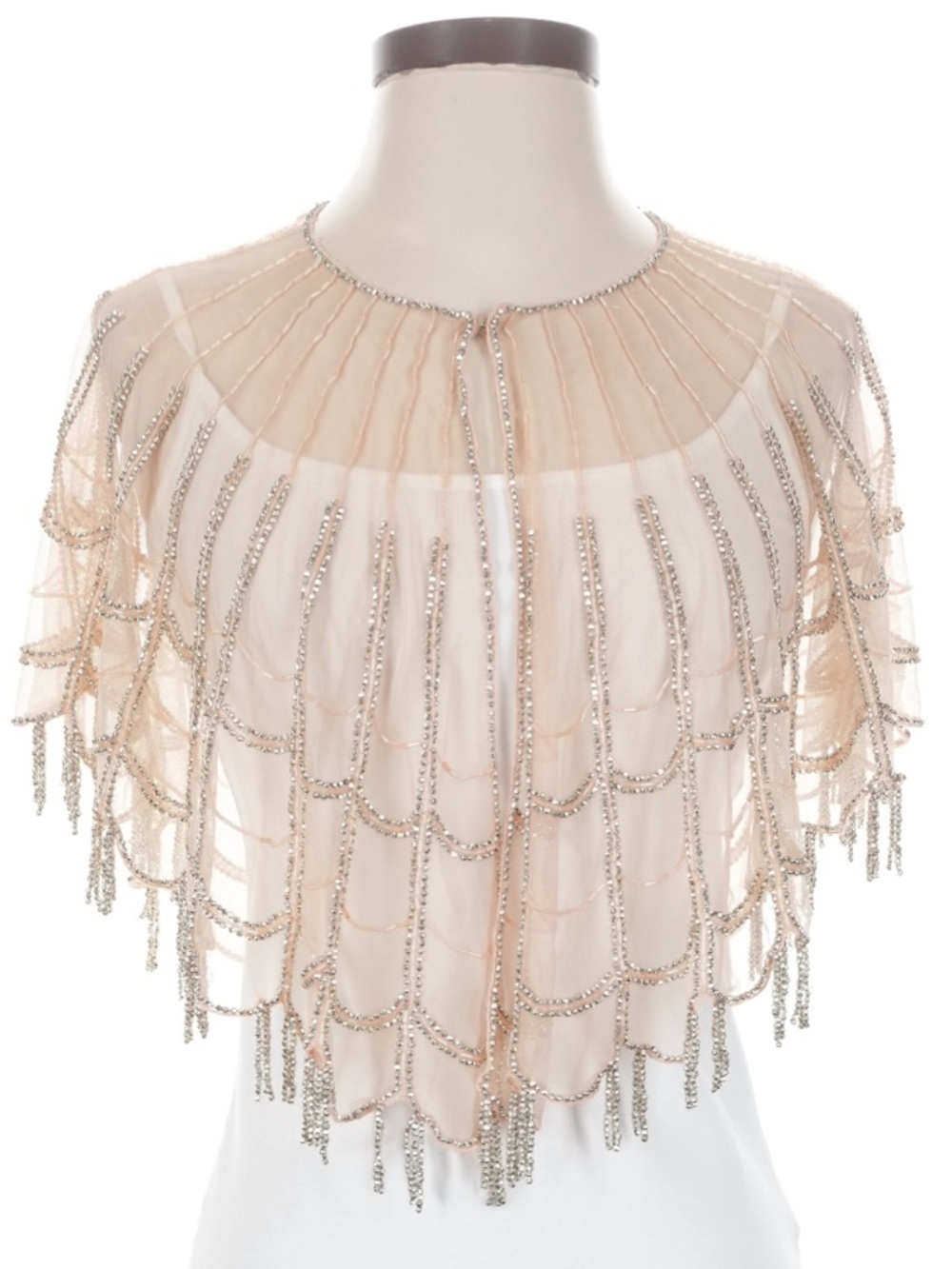 Nude Beaded Sheer Capelet Topper Fringe Art Deco Elegant Feminine Dressup